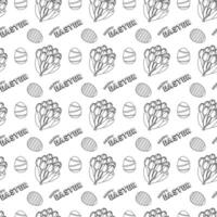 Monochrome seamless pattern featuring ornate Easter eggs, tulip bouquets, and - Happy Easter - text. Ideal for kids activities, coloring page and seasonal, festive holiday or springtime crafts. vector