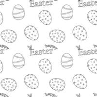 Black and white seamless pattern with ornate Easter eggs and - Happy Easter - text for coloring page. Perfect for kids activities, wrapping and seasonal crafts. vector