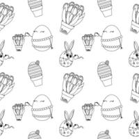 Black and white Easter seamless pattern featuring decorative anthropomorphic Easter eggs, potted tulips, and festive holiday elements. Perfect for coloring page, kids, wrapping paper, and activities. vector
