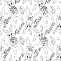 Black and white anthropomorphic Easter bunny seamless pattern with tulips, Easter eggs, and - Happy Easter - text. Perfect for coloring page, kids, wrapping paper, and festive holiday activities. vector