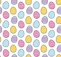 Cute Easter Seamless Pattern Background with Bright Colorful Ornate Colored Eggs Doodles with Black Outline vector