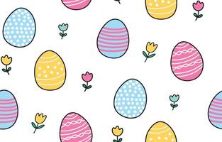 Cute Easter Seamless Pattern Background with Bright Colorful Ornate Colored Eggs Doodles with Black Outline and Tulip Flowers vector