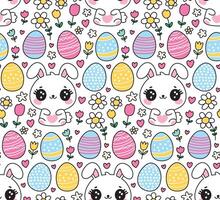 Cute Easter Seamless Pattern Background with Adorable Kawaii Bunny Rabbit, Colored Eggs, Flowers and Hearts with Black Outline vector