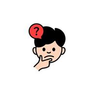 Thinking boy with red question mark bubble, symbolizing doubt or curiosity vector