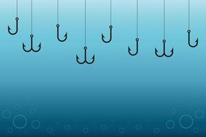 Fishing hooks underwater. Ocean bait lines with bubbles. Angling scene vector