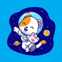 Cute Cat Astronaut Floating In Space With Planet And Moon Cartoon vector