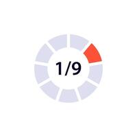 Circular progress indicator showing one ninth of completion with red highlighted section vector