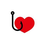 Heart shape with fishing hook symbolizing love and attachment in red and black combination vector