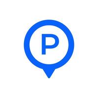 Blue p parking sign icon with letter p in white circle and arrow below it vector