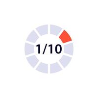 Circular progress bar icon showing 1 out of 10 for loading or completion indicator vector