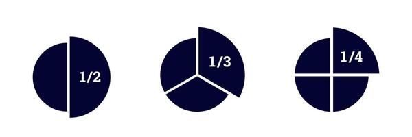 Visual representation of different pie chart fractions. one half, one third, one fourth vector