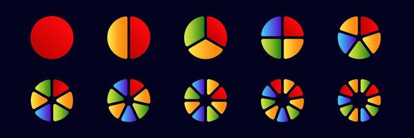 Colorful pie charts display in various circular segments and patterns for data visualization vector