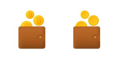 Digital wallet with bitcoin and regular coins illustrating cryptocurrency and traditional currency vector