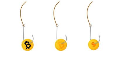 Fish hooks with bitcoin and dollar coins represent digital currency investment risks vector