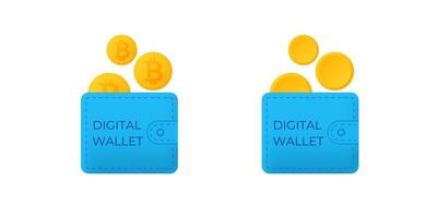 Digital wallet with bitcoins and coins illustrating virtual currency and online transactions vector