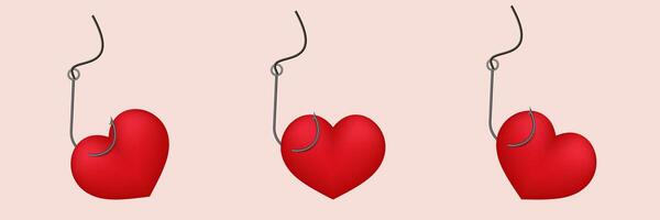 Red hearts on hooks symbolizing love and attachment with simple fishing hook design vector