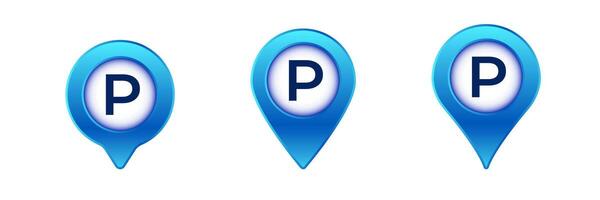 Blue parking icons with letter p inside pin-shaped symbols in three different styles vector