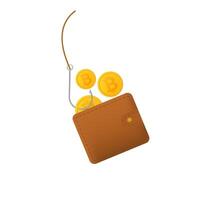 Leather wallet with hooked bitcoins represents cryptocurrency and finance concepts vector