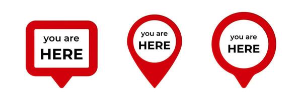 Three red location markers with text in circular and rectangular styles vector