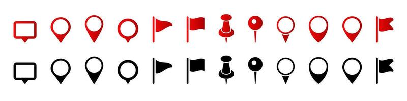 Collection of various red and black location markers and flags for map and navigation icons vector