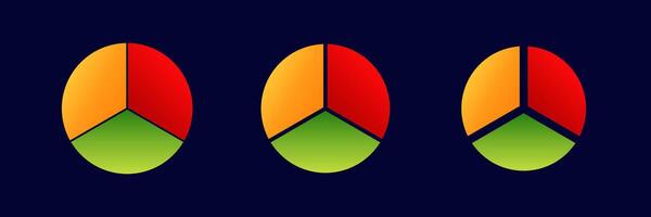 Three colorful pie charts displaying data with segments in red, orange, and green shades vector