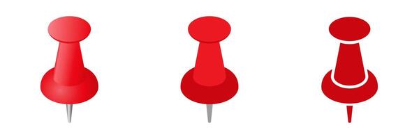 Bright red pushpins displayed in three different simple minimalistic iconic styles vector