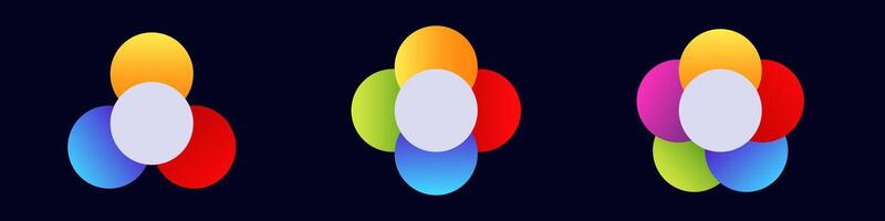 Three abstract shapes with overlapping multicolored circles in symmetrical arrangements vector