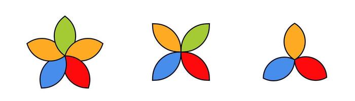Three colorful geometric flower shapes arranged in a horizontal sequence vector