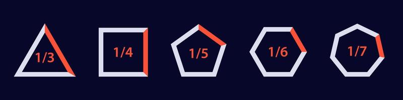 Geometric shapes with divided sections and fractional notations in orange and white vector