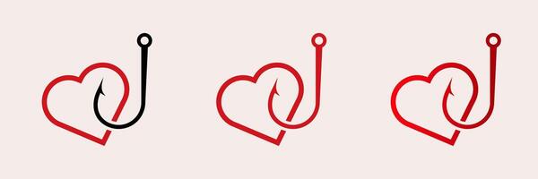 Heart shaped fishing hook designs in black and red variations with simple lines vector