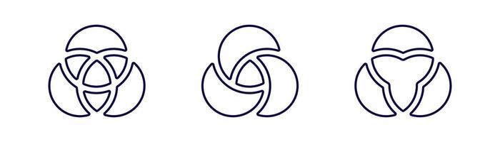 Three geometric leaf-inspired icons in simple dark blue monochrome style in a horizontal row vector
