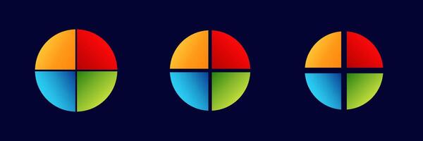 Three circular colorful shapes divided into four equal parts with red, blue, green, and orange vector