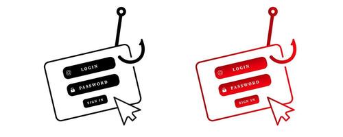 Phishing scam symbols with mouse pointer and hook illustrations in black and red colors vector