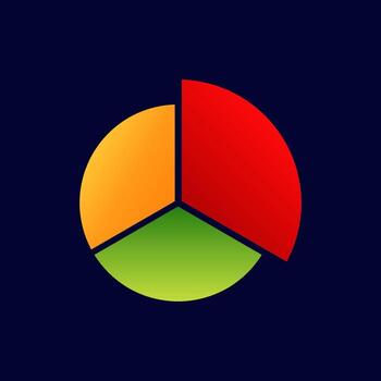 Three section colorful pie chart with red green and orange segments with equal distribution vector