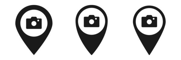 Camera icon in map marker shape shows navigation, location, and photography elements vector