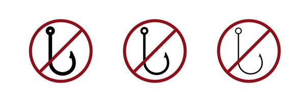 Three prohibition signs with fishing hook icons inside illustrating warning against fishing vector