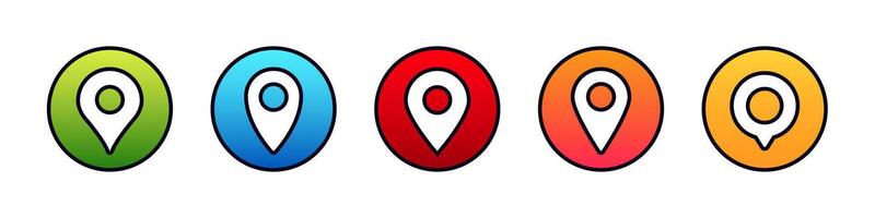 Colorful location markers in five differently shaded circles arranged in a linear sequence vector