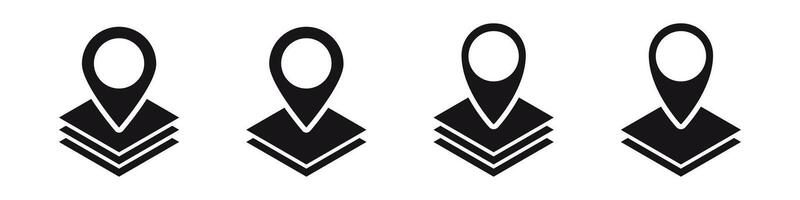 Black location icons with three overlapping layers in a horizontal row vector