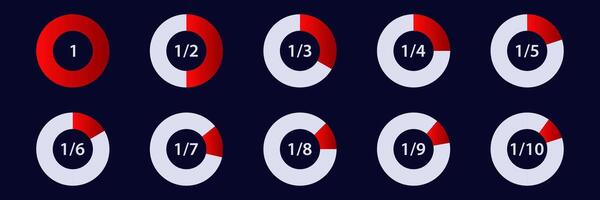 Red and white fraction circles from one half to one tenth display divided shape progression vector
