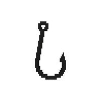 Detailed pixel art of a fish hook design with sharp curved point and simple pixel structure vector