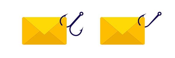 Yellow envelopes with fishing hooks symbolize email security and phishing awareness vector