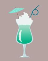 Summer beverage, minimalistic art for design, web, or menu. Soft drink with a straw, umbrella, and milk cream. Light green cocktail vector