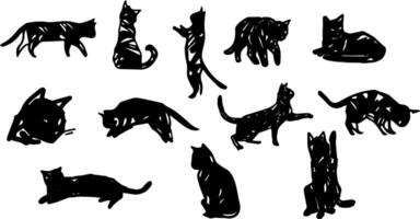 Set of 12 black lineart cats for graphic design vector