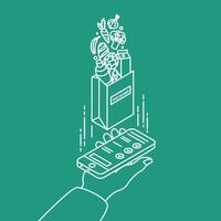 Hand holding smartphone and paper bag with products drawn with contour lines on green background. Food delivery service or online grocery store. Modern illustration in creative lineart style vector