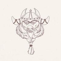 Face of bearded viking wearing horned helmet hand drawn with outlines on light background. Drawing of head of Scandinavian mythological character or medieval hero. Monochrome illustration. vector