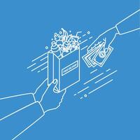 Hands holding paper bag with fruits and vegetables and passing money drawn with contour lines on blue background. Order in food delivery service. Monochrome illustration in linear style vector
