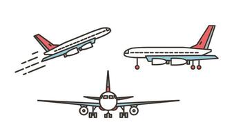 Modern airplane, passenger plane, airliner or jumbo jet taking off or ascending and standing on ground isolated on white background. Front and side views. illustration in line art style. vector