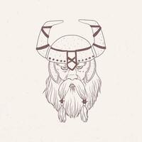 Portrait of viking with beard wearing horned helmet hand drawn with contour lines on light background. Drawing of head of ancient Nordic or Scandinavian warrior. Monochrome illustration. vector
