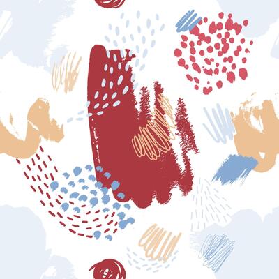 Artistic seamless pattern with colorful paint blotches, stains, marks, scribble on white background. trendy illustration in modern art style for wrapping paper, wallpaper, textile print.