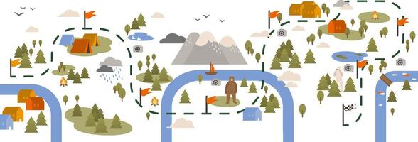 Horizontal banner with trail map, hiking route or footpath decorated with touristic areas, camping locations and landmarks marked by flags. Colorful illustration in flat cartoon style. vector